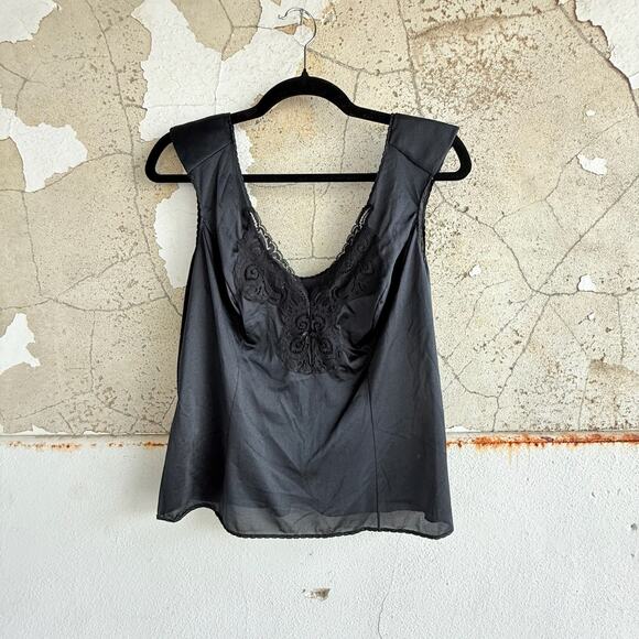 Vintage Tops - Black Satin Camisole Top With Lace Neckline Wide‎ Straps Sheer Vintage Style M